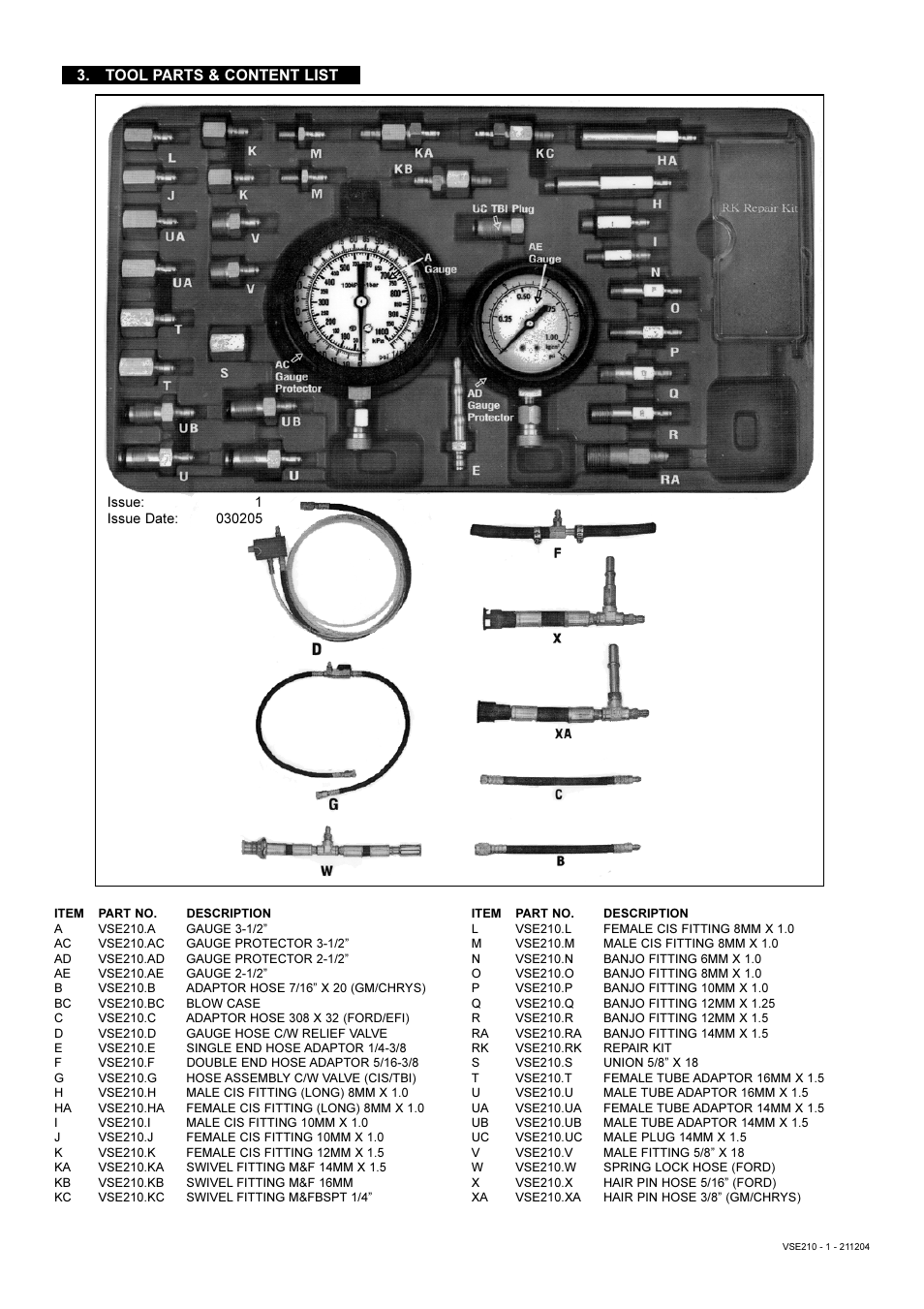 Tool parts & content list | Sealey VSE210 User Manual | Page 2 / 7