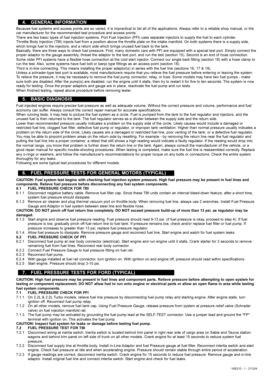 Fuel pressure tests for ford (typical) | Sealey VSE210 User Manual | Page 3 / 7