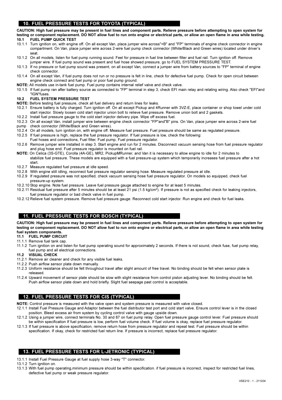 Fuel pressure tests for bosch (typical), Fuel pressure tests for l-jetronic (typical) | Sealey VSE210 User Manual | Page 5 / 7