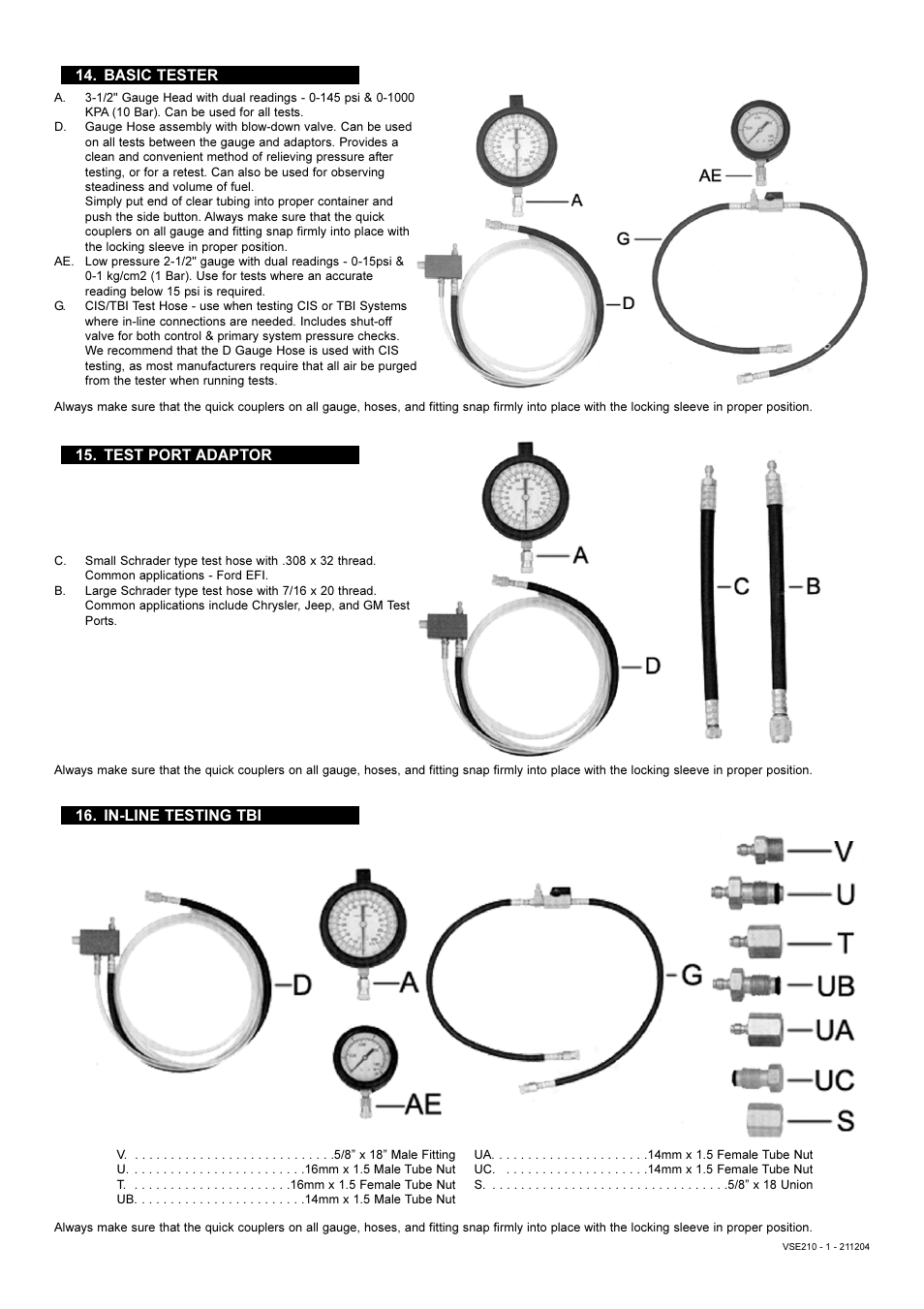 Basic tester, Test port adaptor 16. in-line testing tbi | Sealey VSE210 User Manual | Page 6 / 7