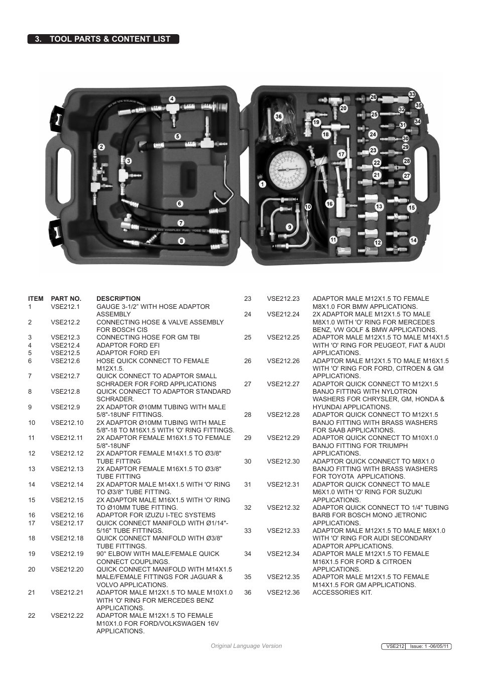 Tool parts & content list | Sealey VSE212 User Manual | Page 2 / 5