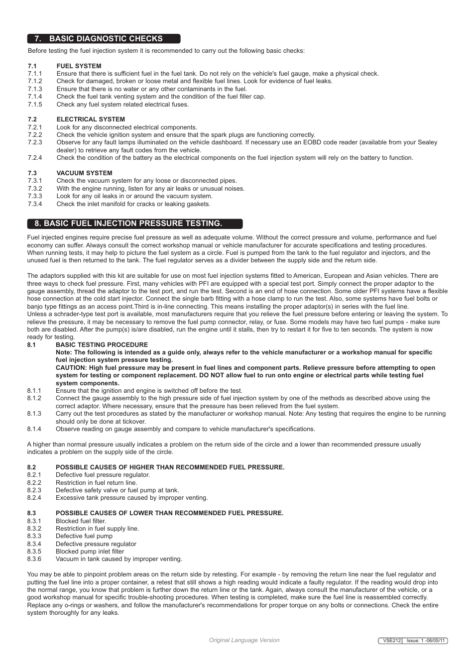 Basic fuel injection pressure testing, Basic diagnostic checks | Sealey VSE212 User Manual | Page 4 / 5