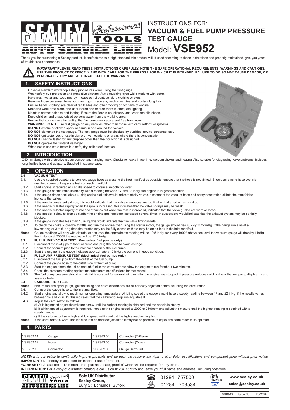 Sealey VSE952 User Manual | 1 page
