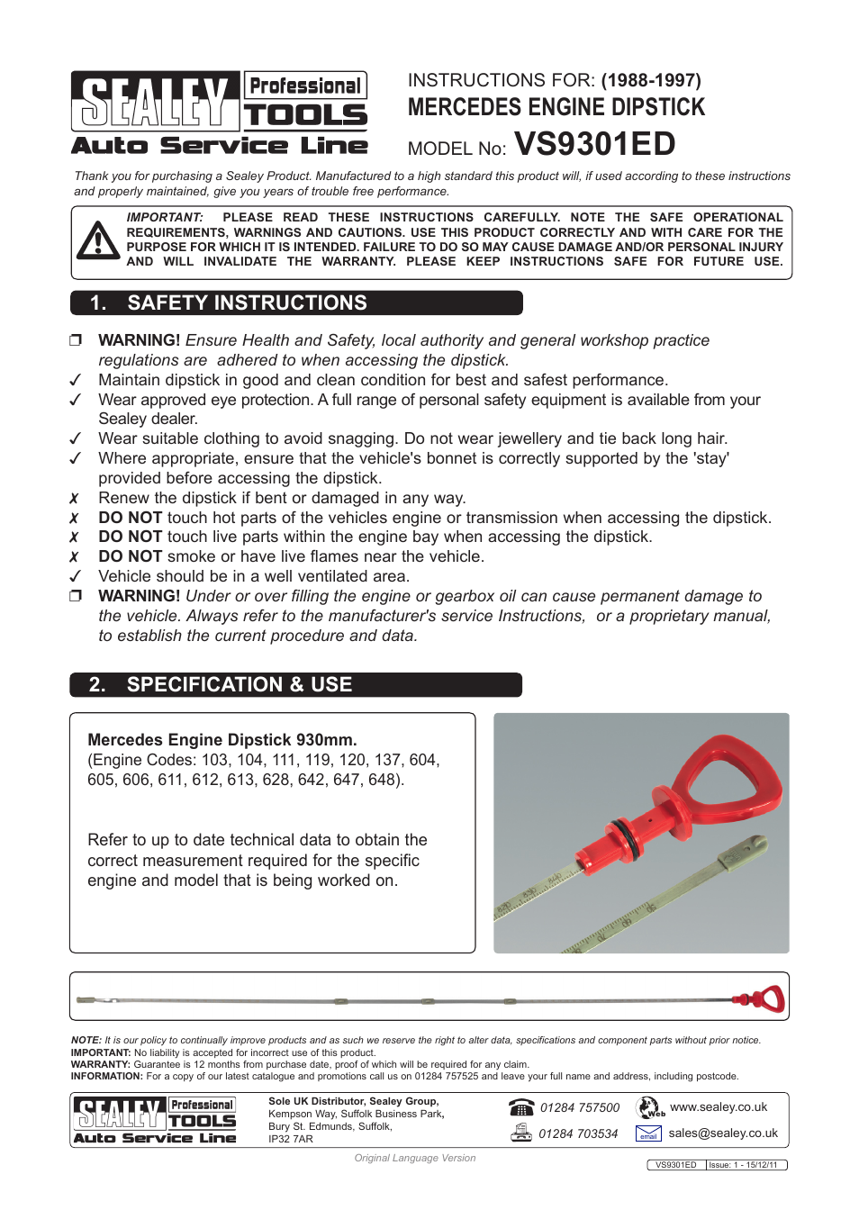 Sealey VS9301ED User Manual | 1 page