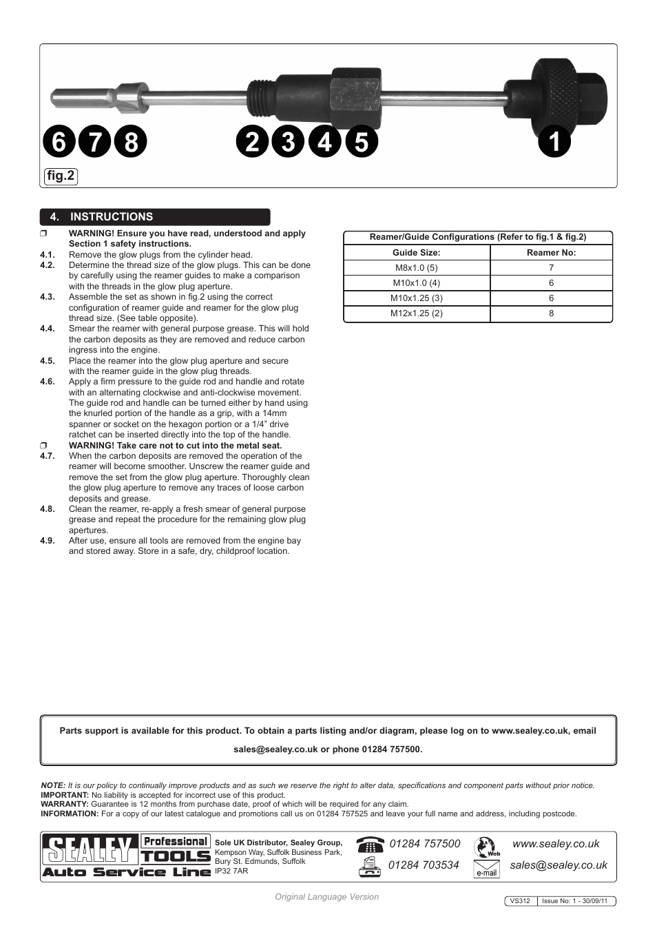 Fig.2, Instructions | Sealey VS312 User Manual | Page 2 / 2