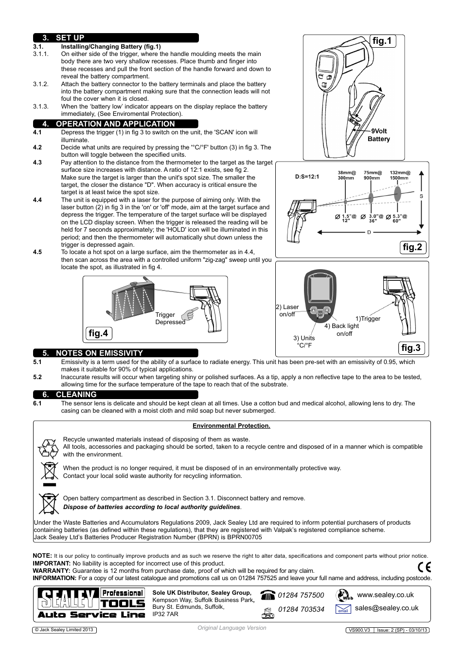 Fig.1, Fig.2 fig.3 fig.4, Set up | Operation and application, Cleaning | Sealey VS900 User Manual | Page 2 / 2