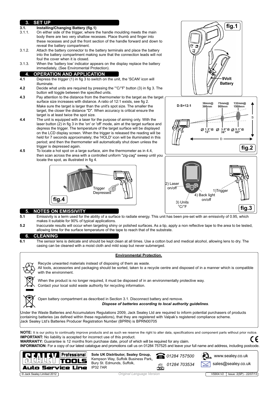 Fig.1, Fig.2 fig.3 fig.4, Set up | Operation and application, Cleaning | Sealey VS904 User Manual | Page 2 / 2