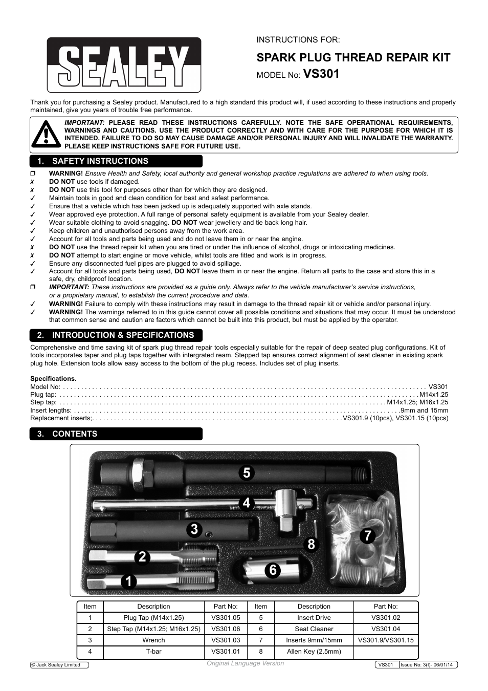 Sealey VS301 User Manual | 2 pages