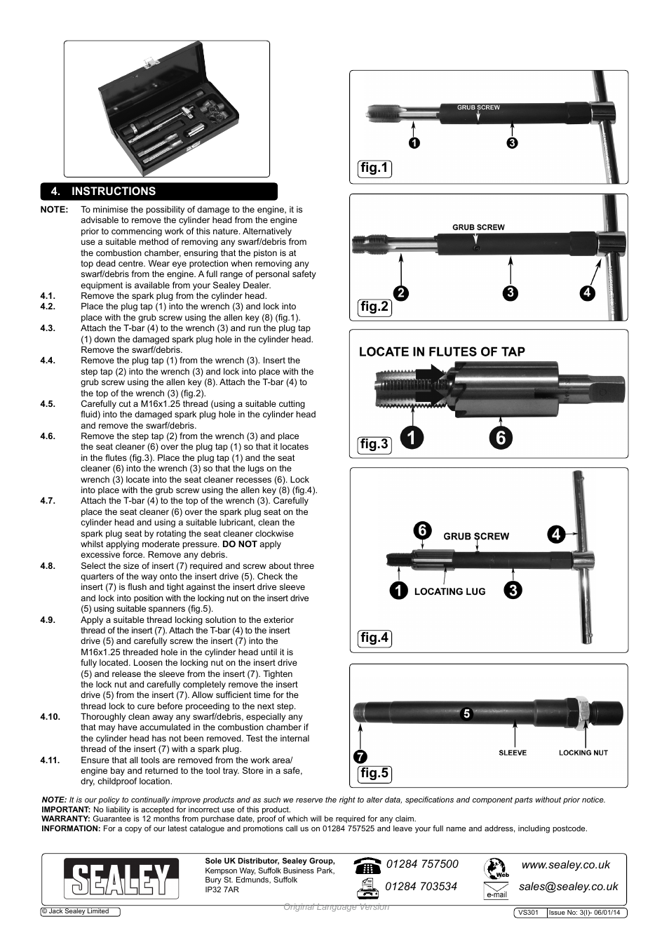 Instructions | Sealey VS301 User Manual | Page 2 / 2