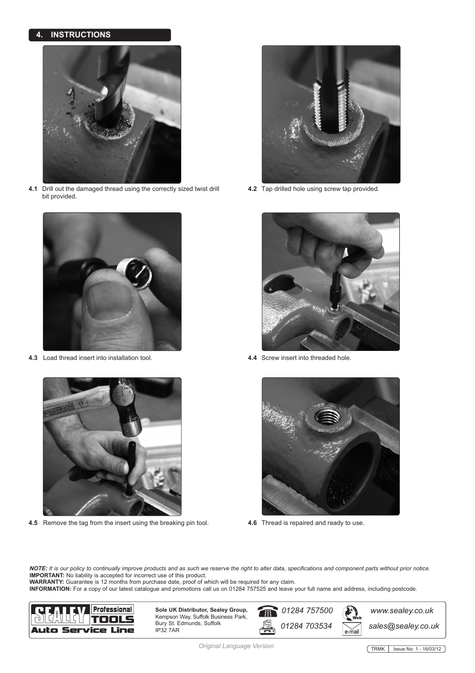 Instructions | Sealey TRMK User Manual | Page 2 / 2