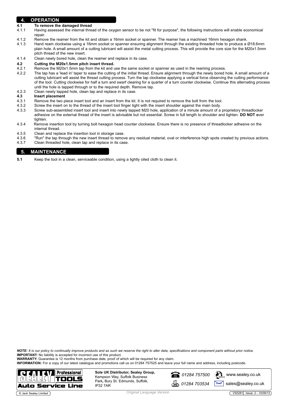 Maintenance, Operation | Sealey VS5281 User Manual | Page 2 / 2