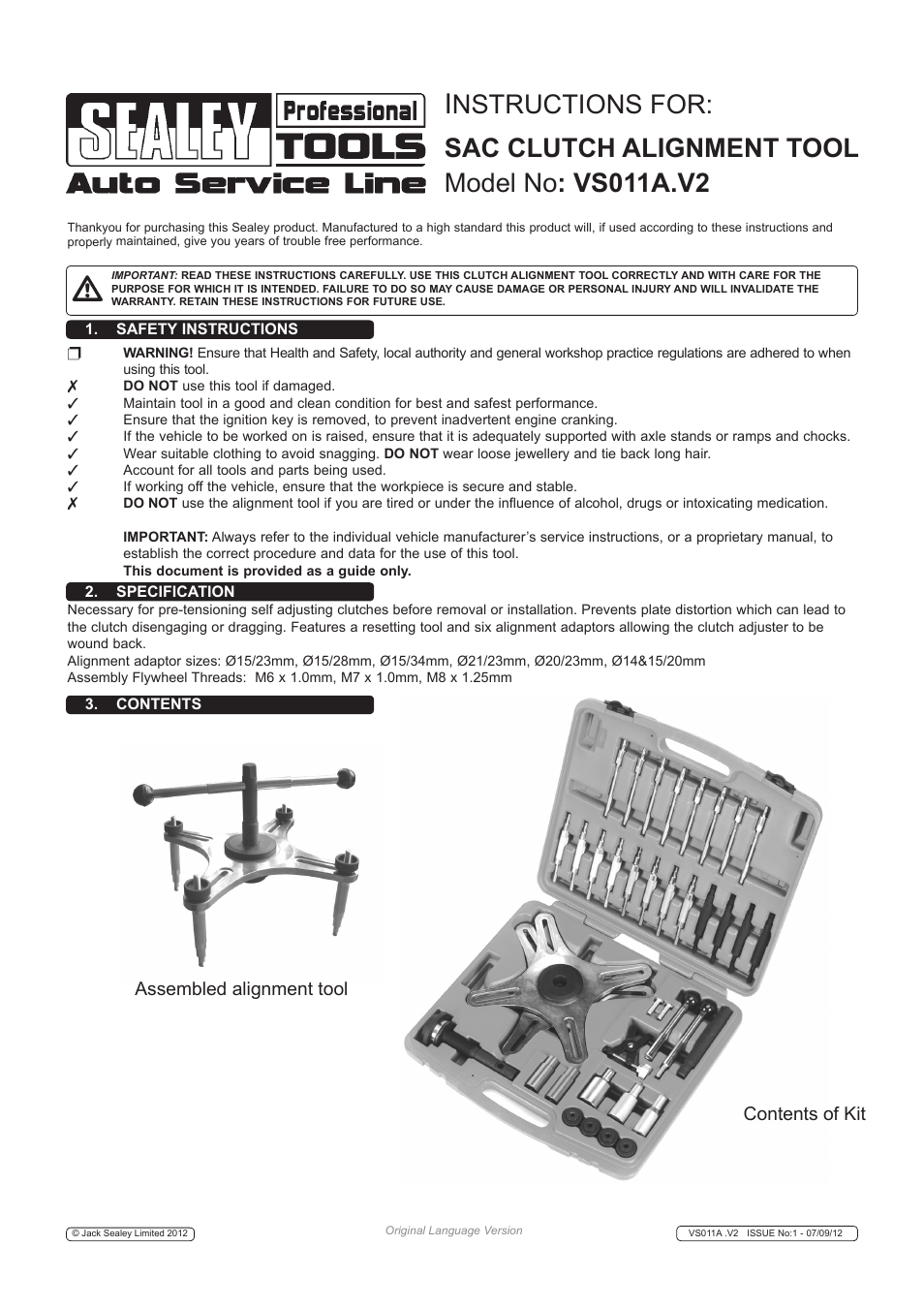 Sealey VS011A User Manual | 2 pages