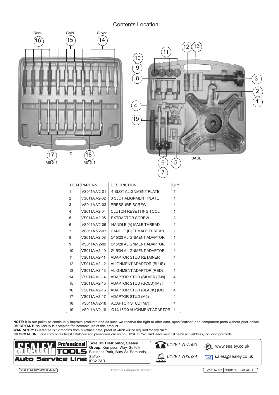 Contents location | Sealey VS011A User Manual | Page 2 / 2