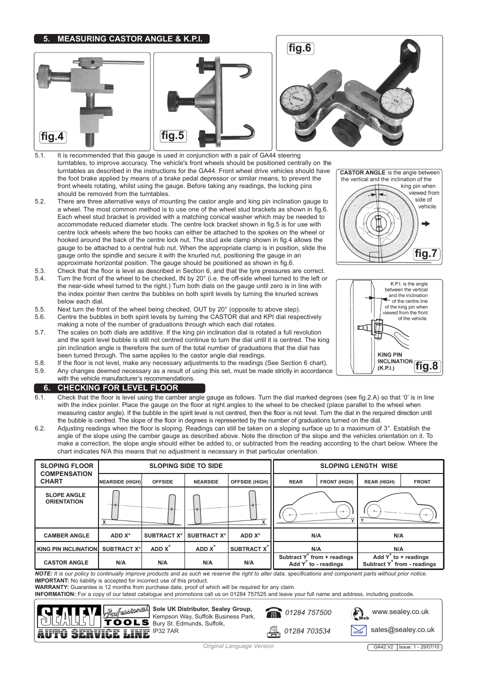 Measuring castor angle & k.p.i, Checking for level floor | Sealey GA42 User Manual | Page 2 / 2