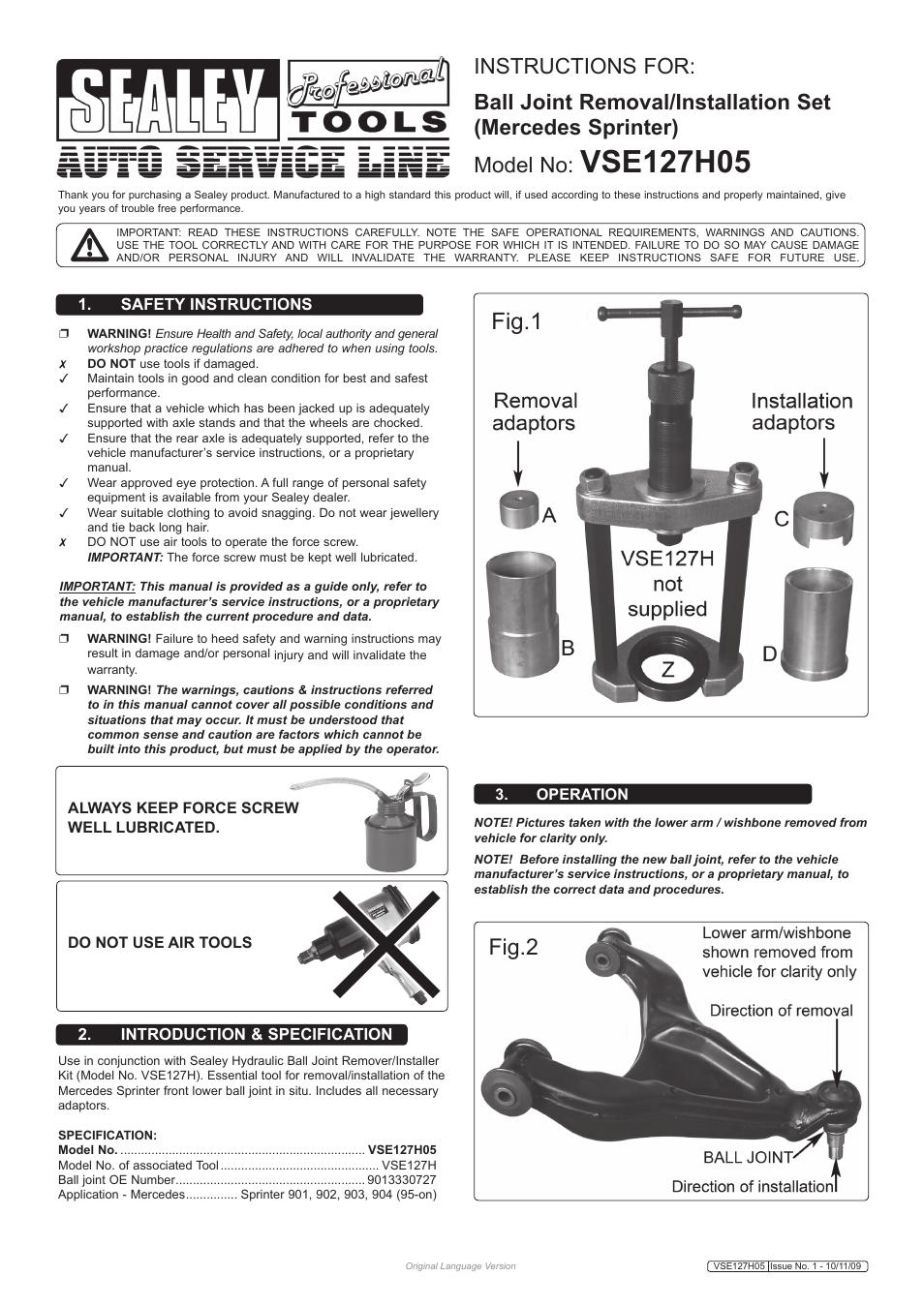 Sealey VSE127H05 User Manual | 2 pages