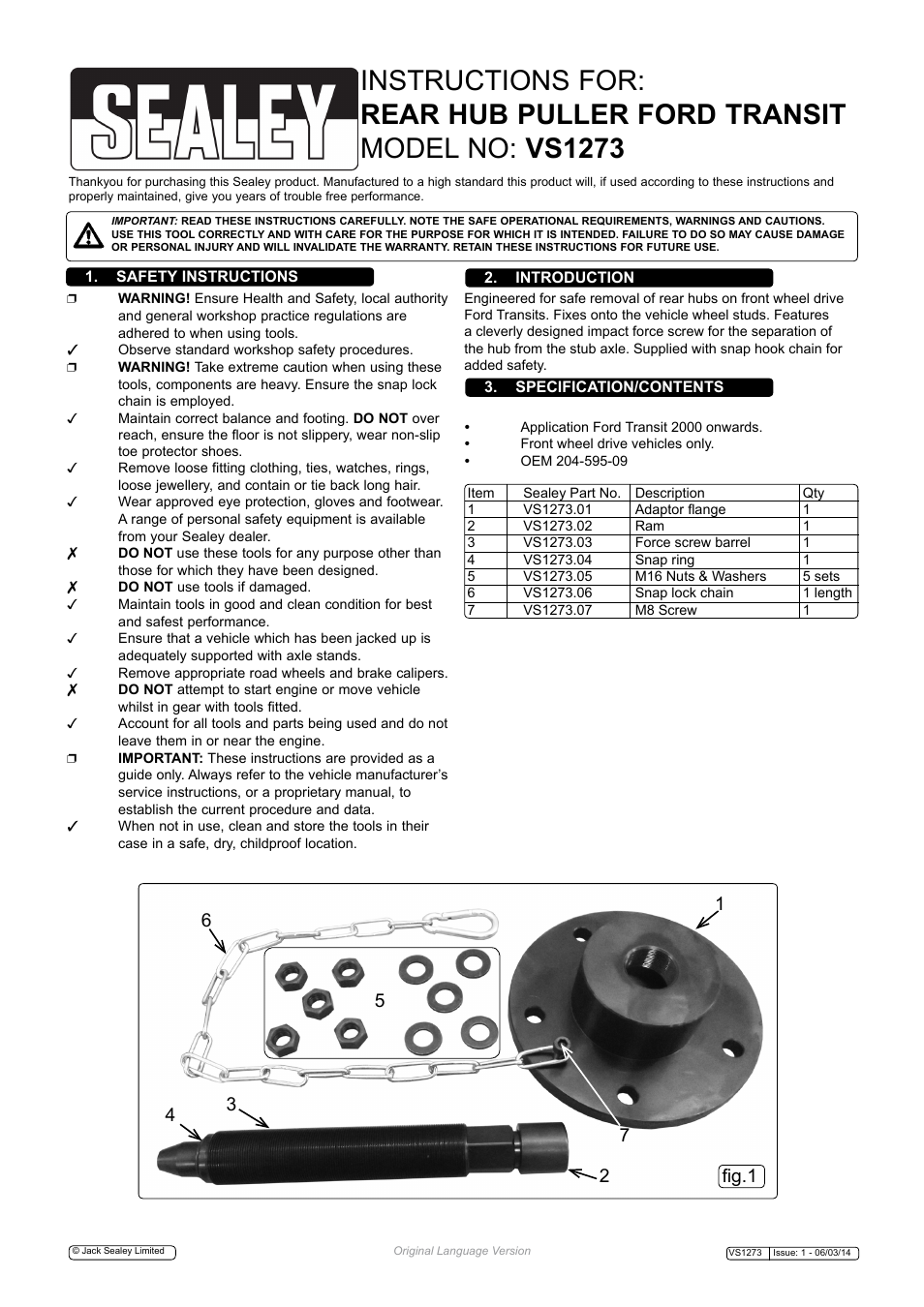 Sealey VS1273 User Manual | 2 pages