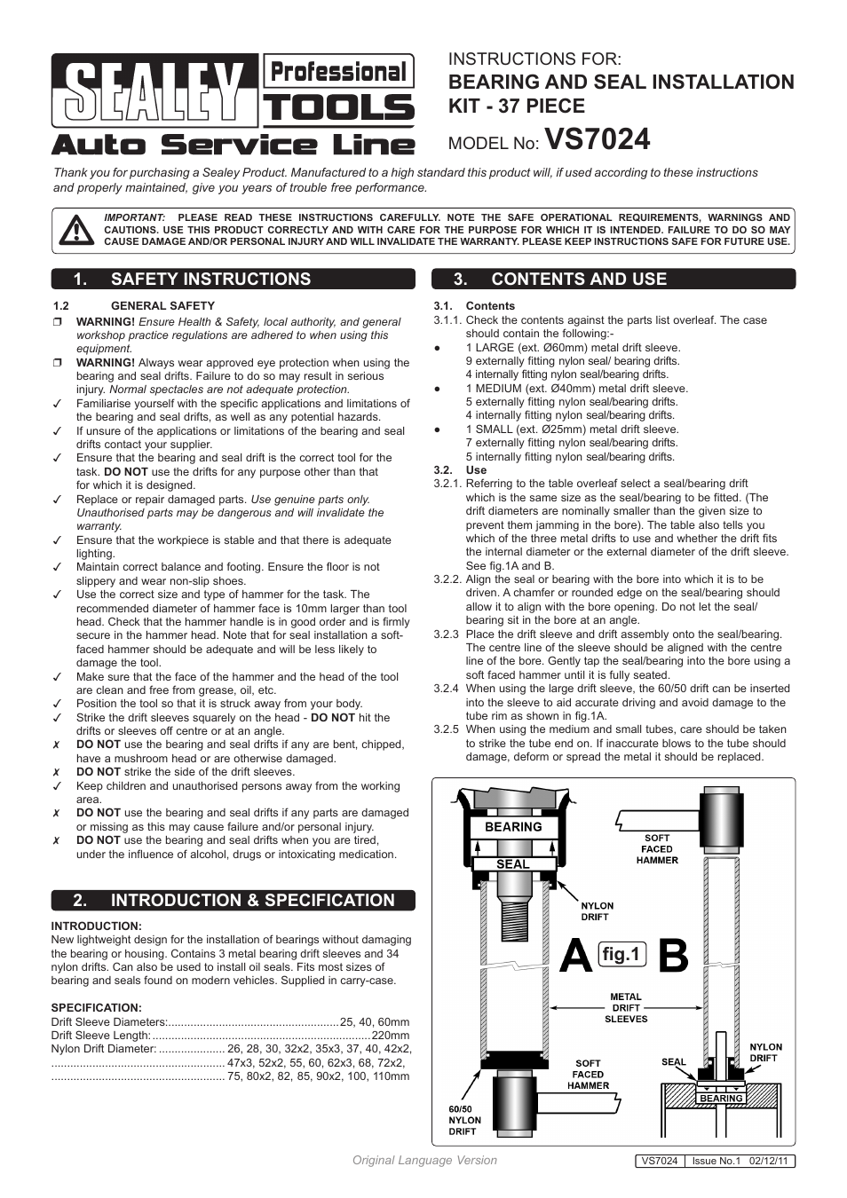 Sealey VS7024 User Manual | 2 pages