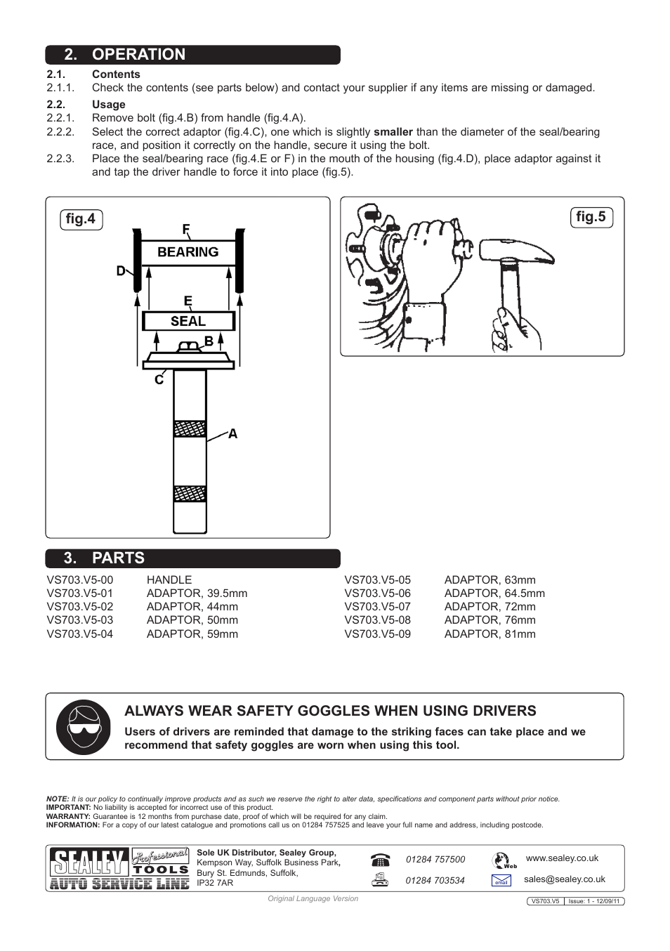 Operation 3. parts, Always wear safety goggles when using drivers, Fig.5 fig.4 | Sealey VS703 User Manual | Page 2 / 2