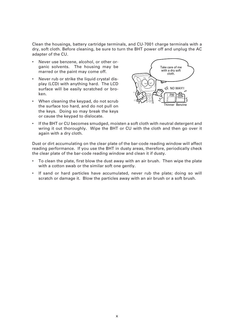 Proper care of the bht and cu | Denso BHT-7500 User Manual | Page 12 / 217
