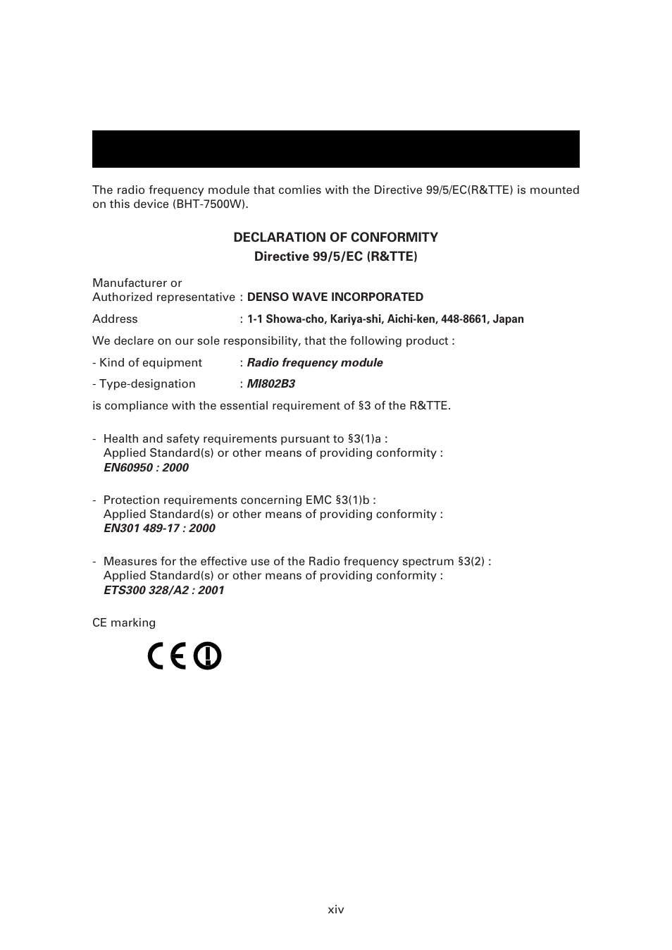 Declaration of conformity (for european union), Bht-7500w | Denso BHT-7500 User Manual | Page 16 / 217