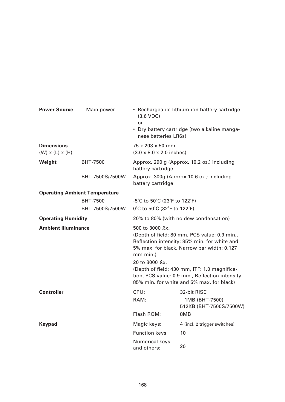 Appendix a. specifications, 1 ] product specifications | Denso BHT-7500 User Manual | Page 188 / 217