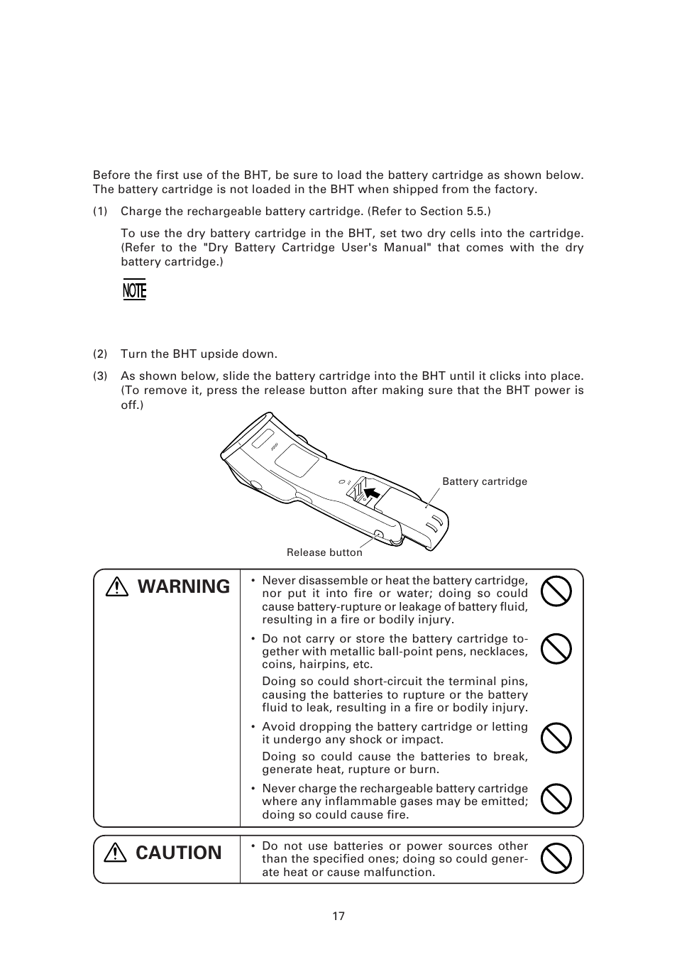 3 preparation, 1 setting-up 1: loading the battery cartridge, Caution | Warning | Denso BHT-7500 User Manual | Page 37 / 217