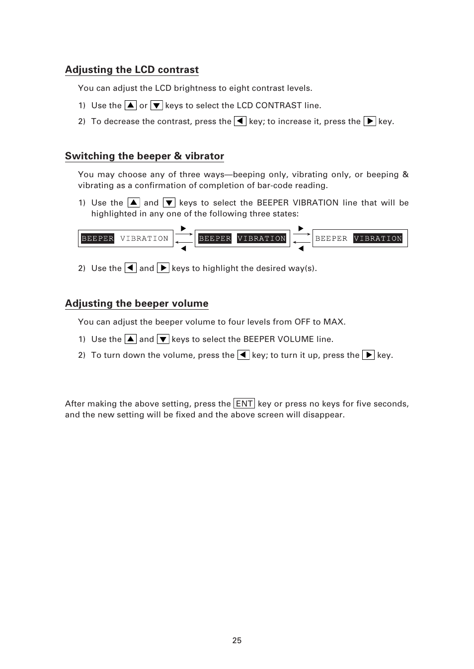 Switching the beeper & vibrator, Adjusting the beeper volume, Adjusting the lcd contrast | Denso BHT-7500 User Manual | Page 45 / 217