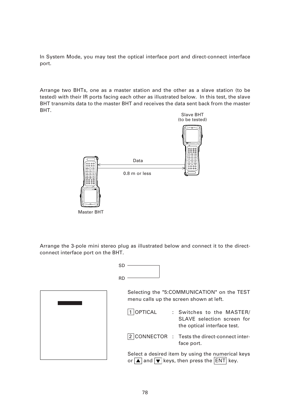 5] communications test, Preparation for the optical interface test, Preparation for the direct-connect interface test | Denso BHT-7500 User Manual | Page 98 / 217