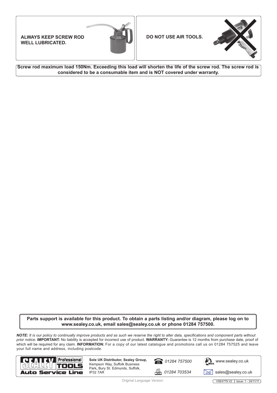 Sealey VSE4779 User Manual | Page 2 / 2