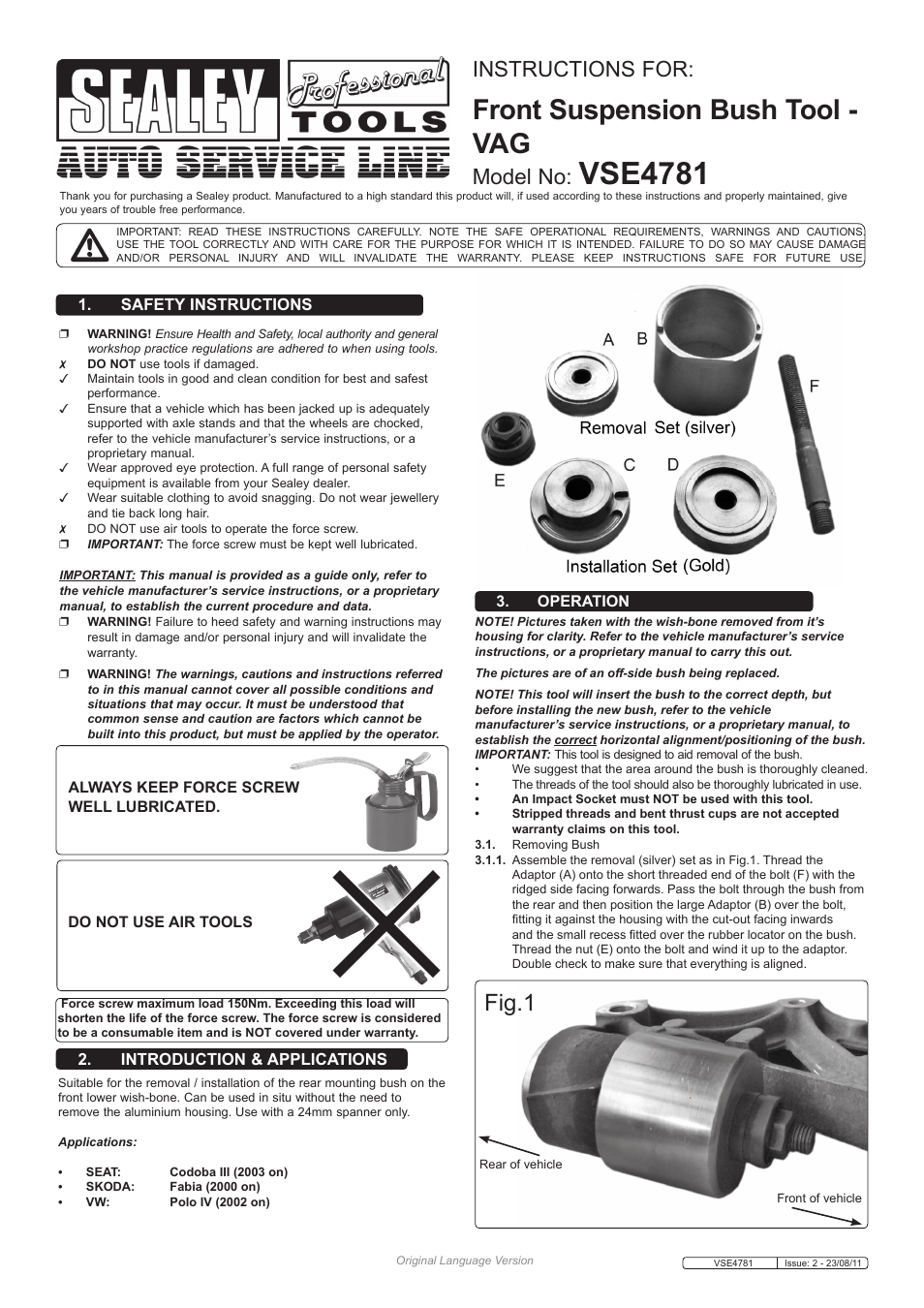 Sealey VSE4781 User Manual | 2 pages