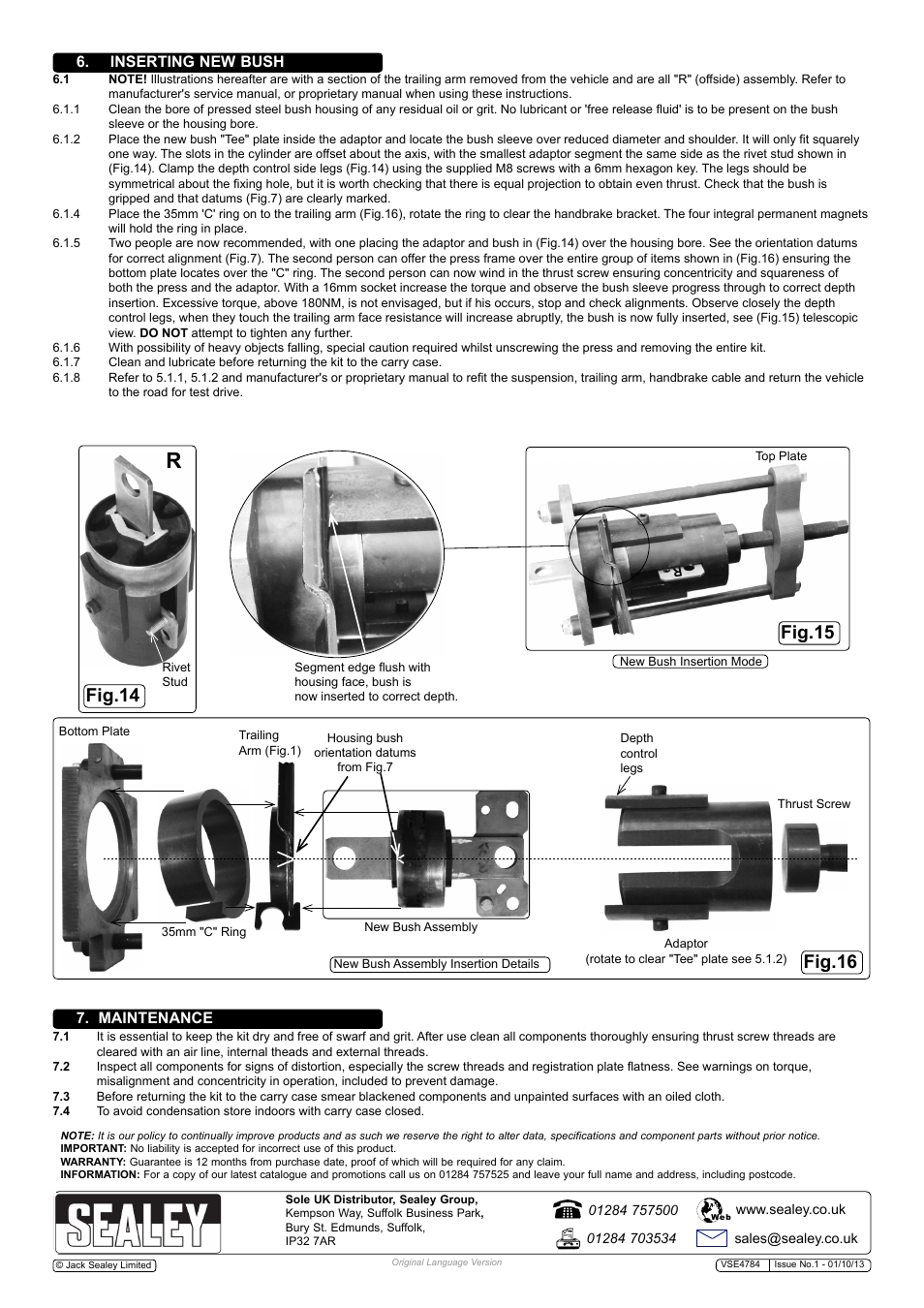 Fig.14, Fig.15 fig.16, Inserting new bush | Maintenance | Sealey VSE4784 User Manual | Page 4 / 4