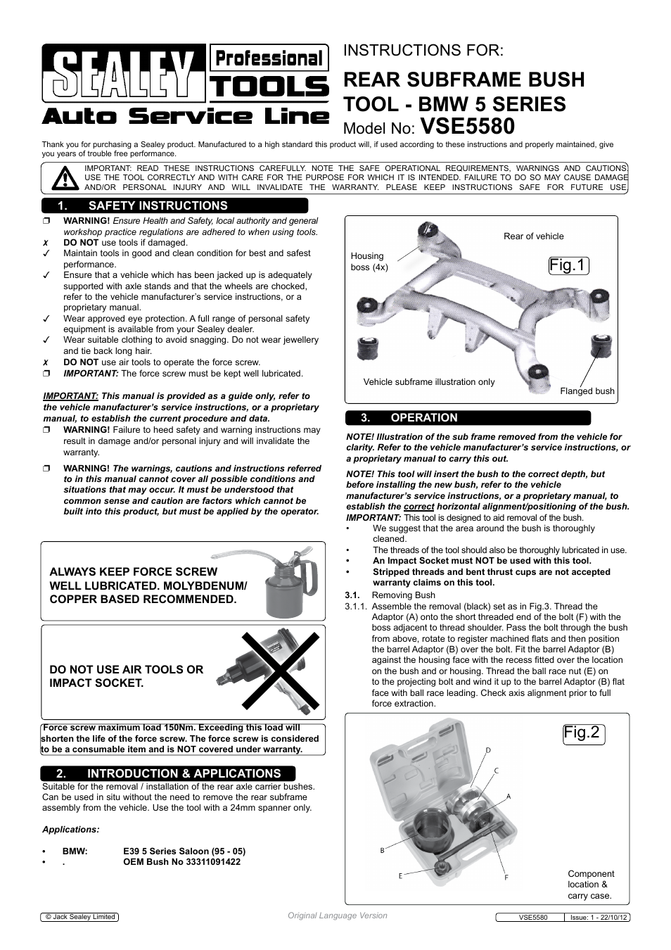 Sealey VSE5580 User Manual | 2 pages