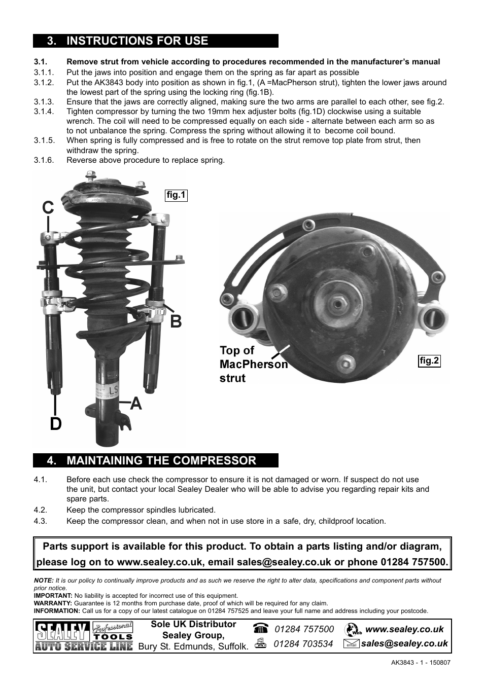 Instructions for use, Maintaining the compressor | Sealey AK3843 User Manual | Page 2 / 2