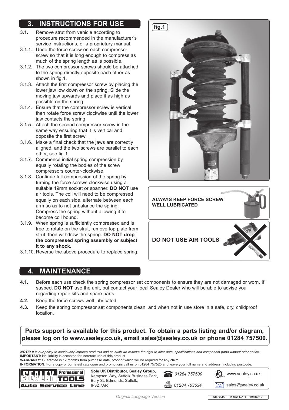 Maintenance 3. instructions for use | Sealey AK3845 User Manual | Page 2 / 2