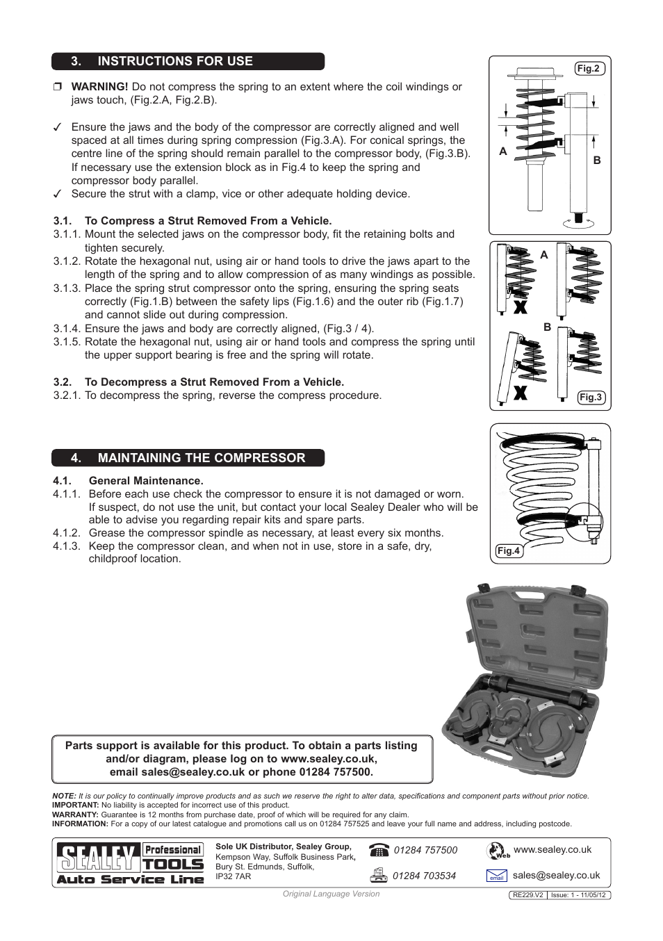 Maintaining the compressor, Instructions for use | Sealey RE229 User Manual | Page 2 / 2