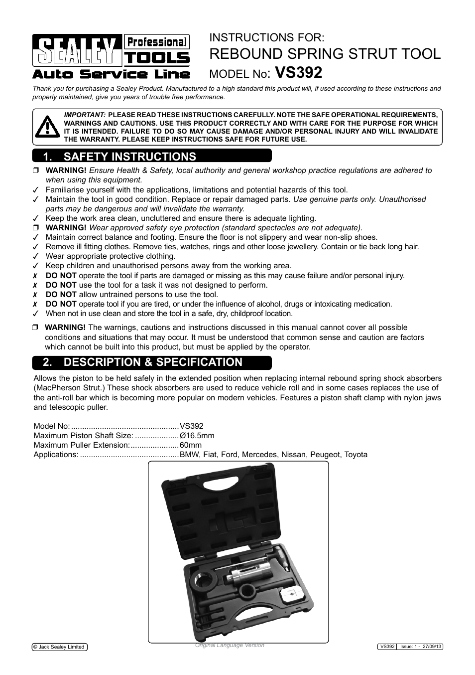 Sealey VS392 User Manual | 2 pages