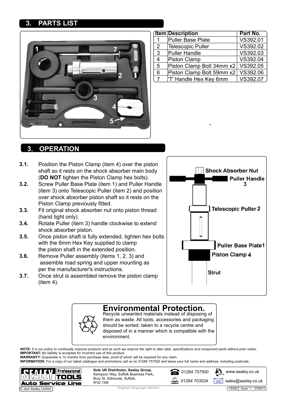 Environmental protection, Parts list, Operation | Sealey VS392 User Manual | Page 2 / 2