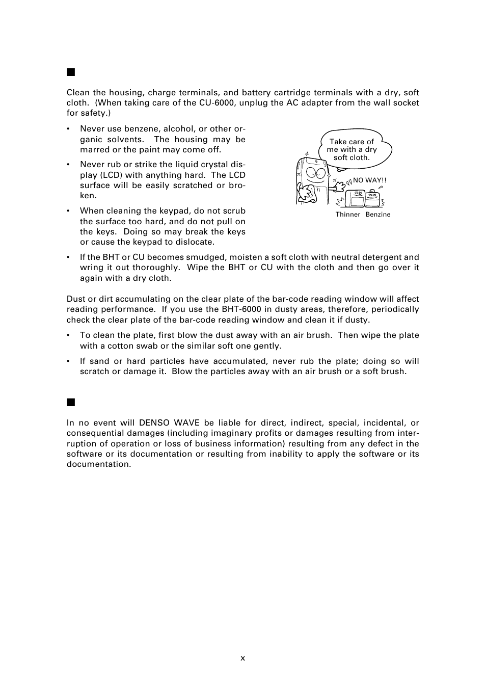 Proper care of the bht and cu, Limited warranty on software products | Denso BHT-6000 User Manual | Page 12 / 178