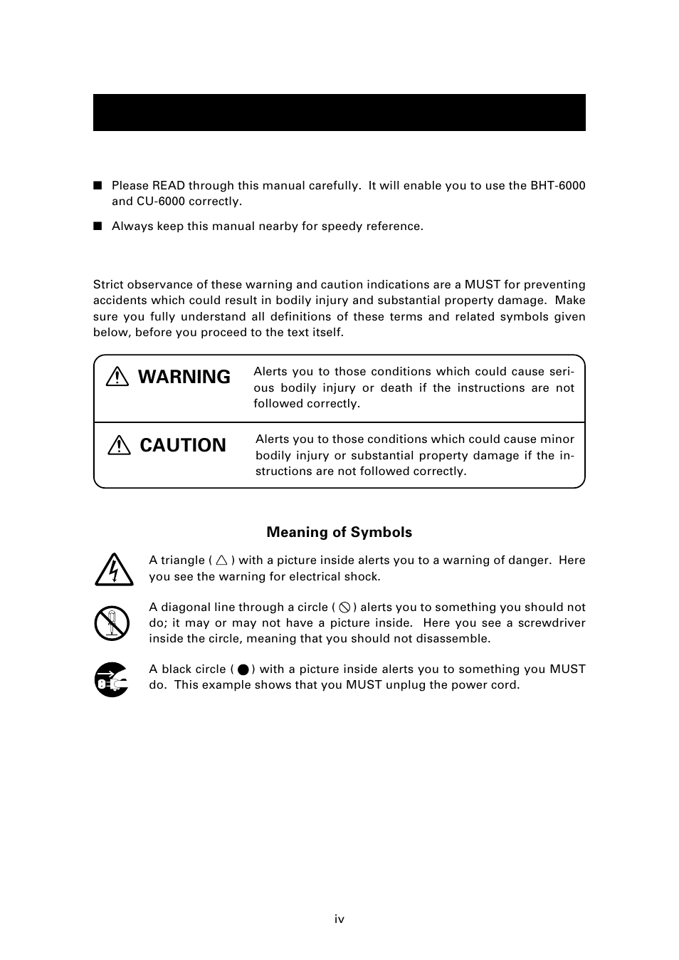 Safety precautions, Warning, Caution | Be sure to observe all these safety precautions | Denso BHT-6000 User Manual | Page 6 / 178