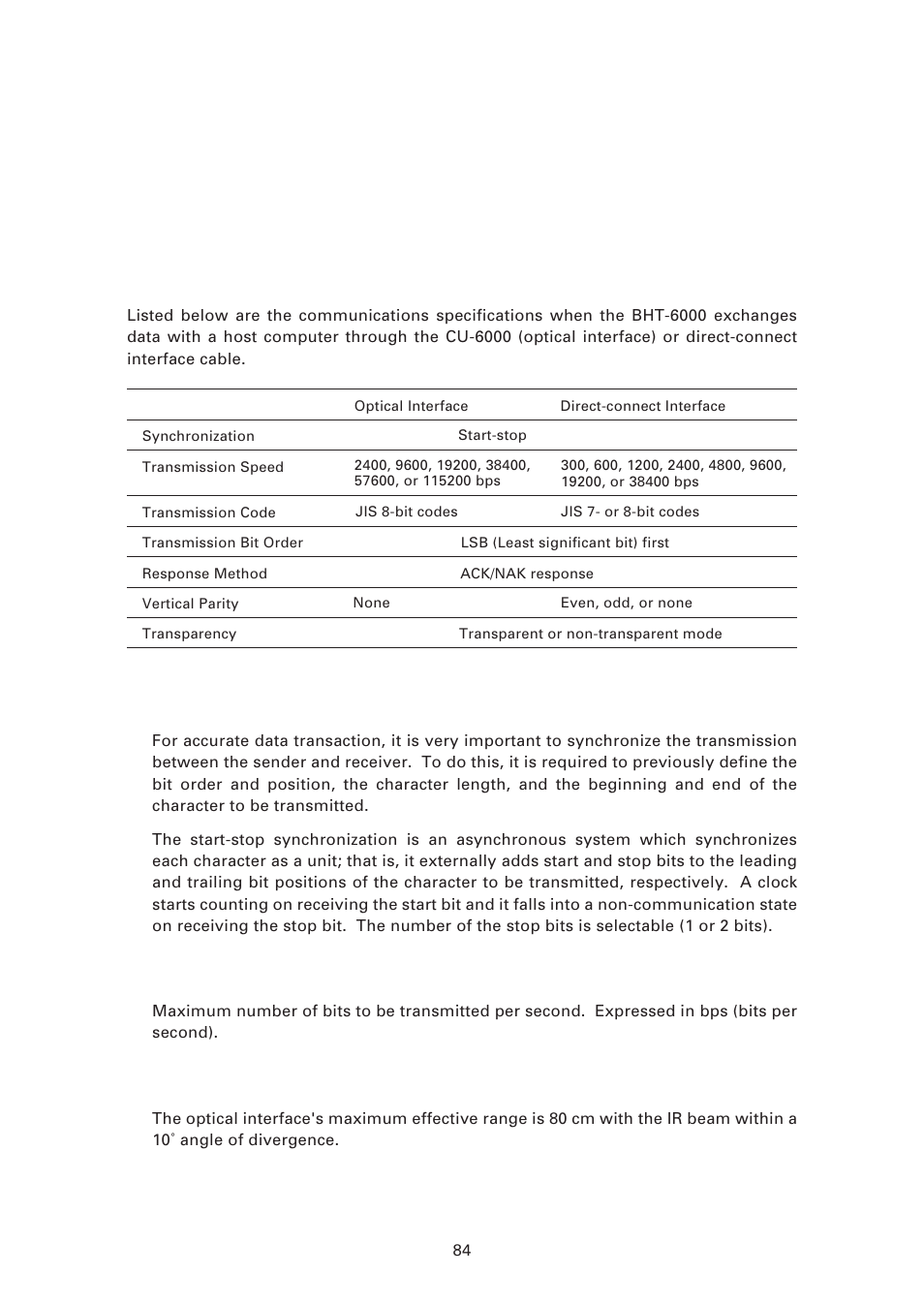 1 basic communications specifications, Basic communications specifications and parameters, Basic communications specifications | Denso BHT-6000 User Manual | Page 99 / 178