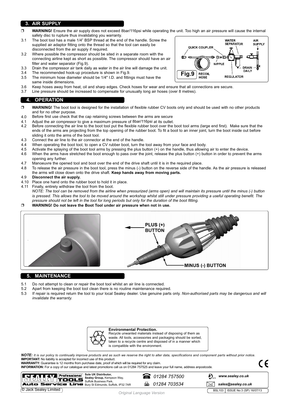 Fig.9, Air supply, Operation | Maintenance | Sealey BSL103 User Manual | Page 2 / 2