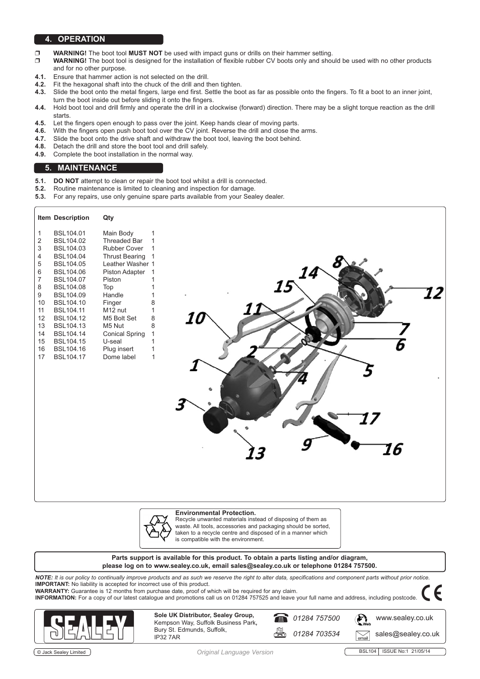 Operation 5. maintenance | Sealey BSL104 User Manual | Page 2 / 2
