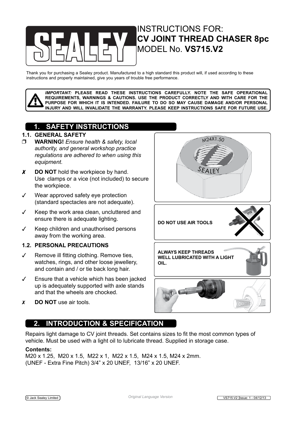 Sealey VS715 User Manual | 2 pages