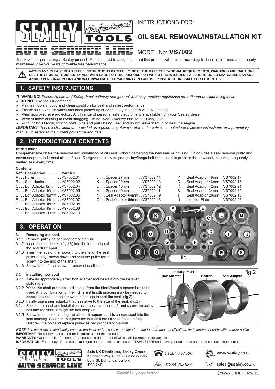 Sealey VS7002 User Manual | 1 page