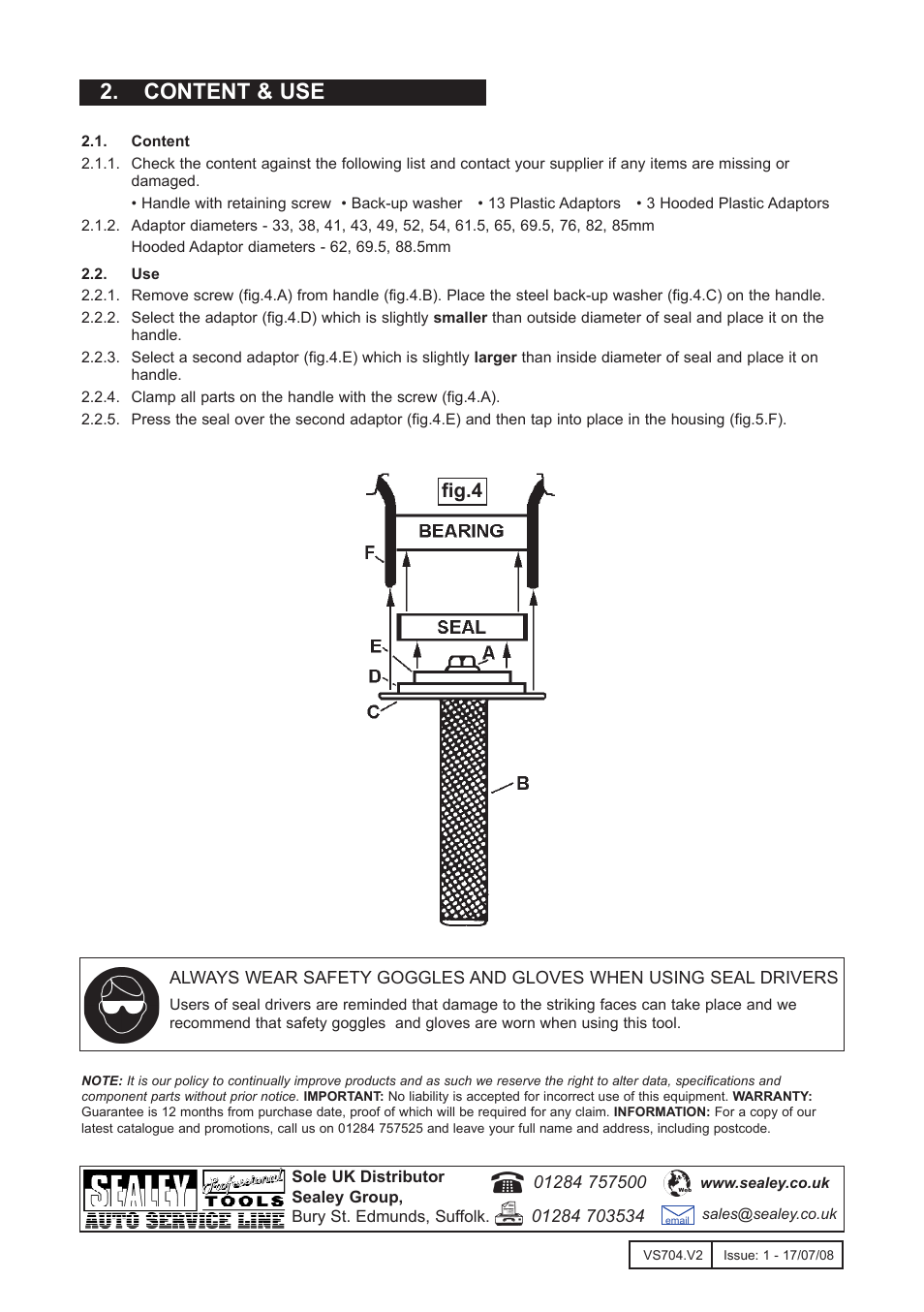 Content & use, Fig.4 | Sealey VS704 User Manual | Page 2 / 2