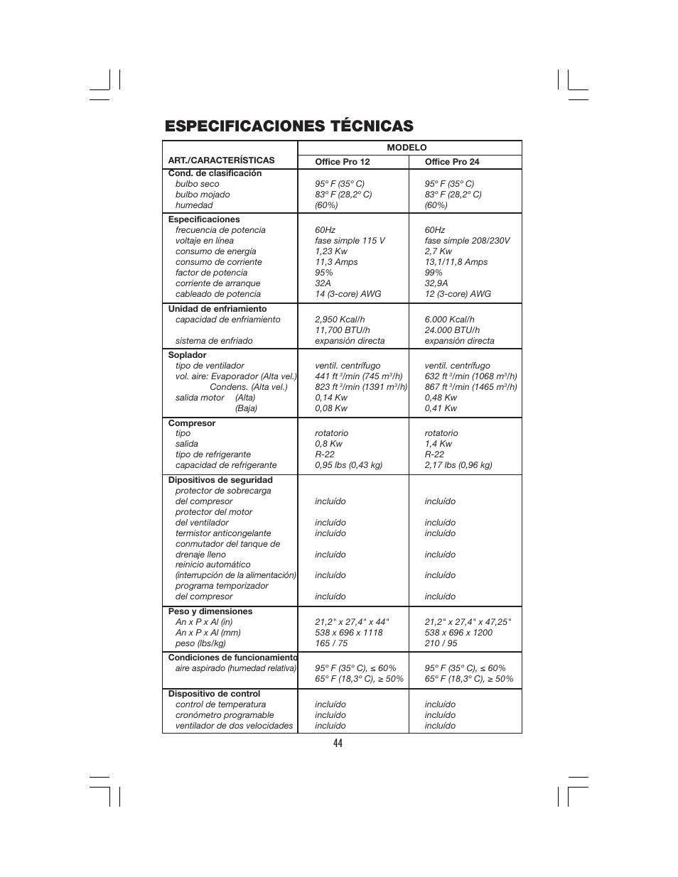 Especificaciones técnicas | Denso OFFICE PRO 12 User Manual | Page 50 / 76