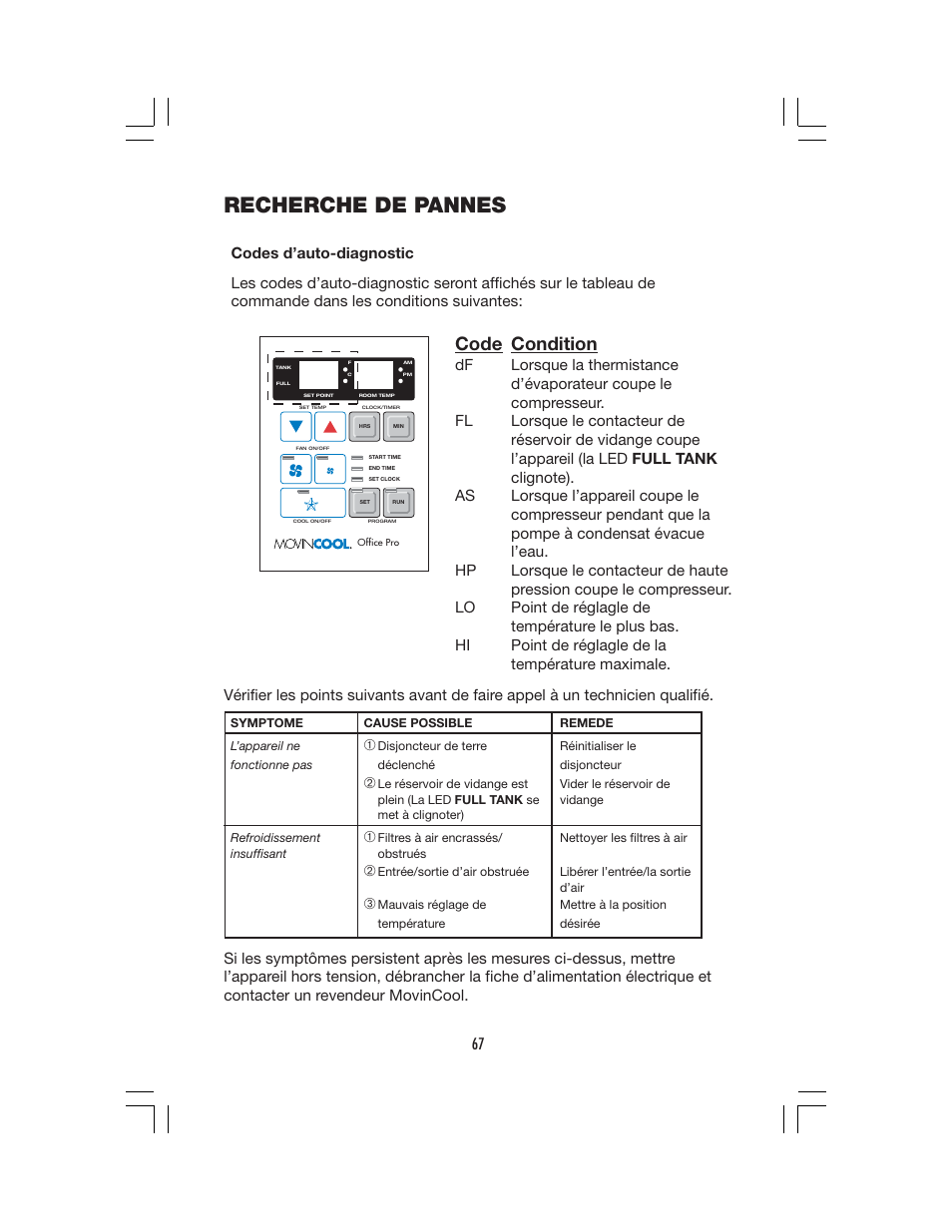 Recherche de pannes, Code condition | Denso OFFICE PRO 12 User Manual | Page 73 / 76