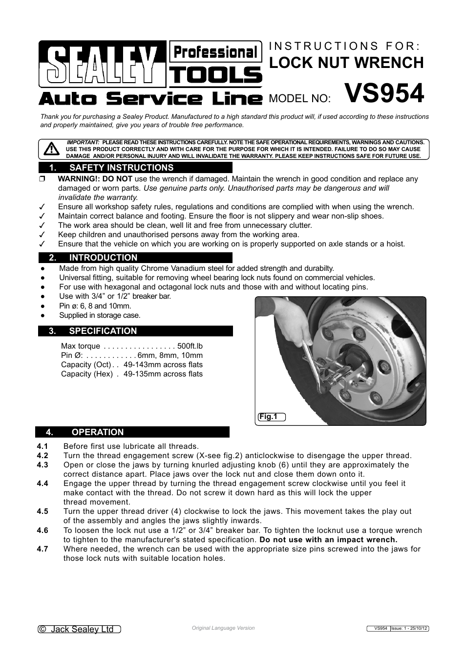 Sealey VS954 User Manual | 2 pages