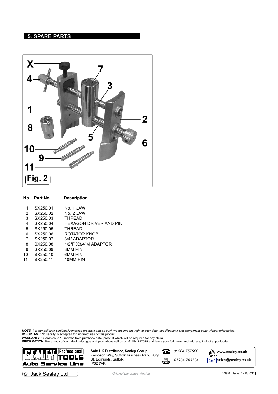 Fig. 2, Spare parts, Jack sealey ltd | Sealey VS954 User Manual | Page 2 / 2