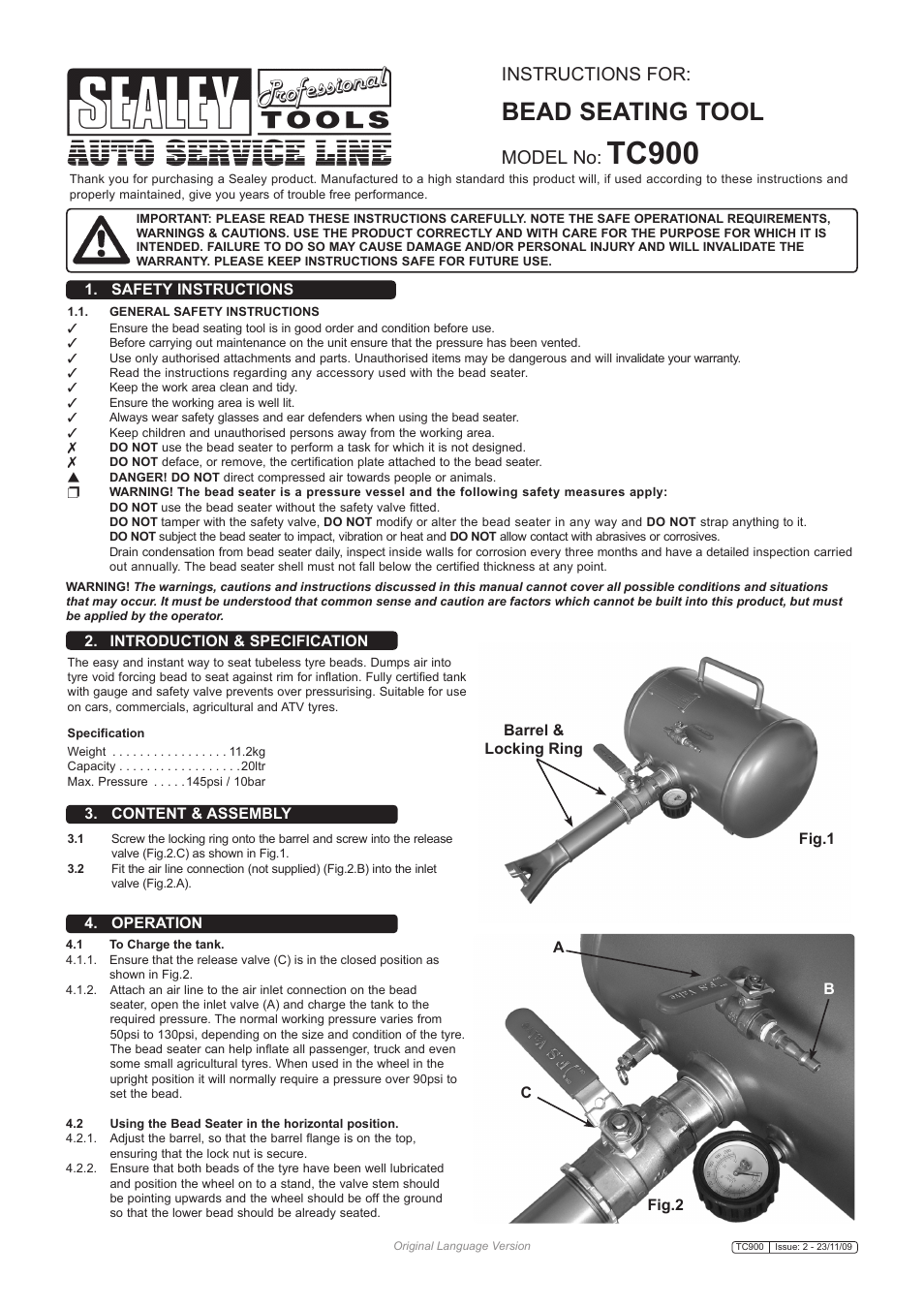 Sealey TC900 User Manual | 2 pages